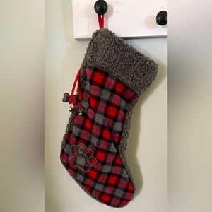 Stocking! Wood print embroidered stocking. Red/Black/Grey checkered pattern.